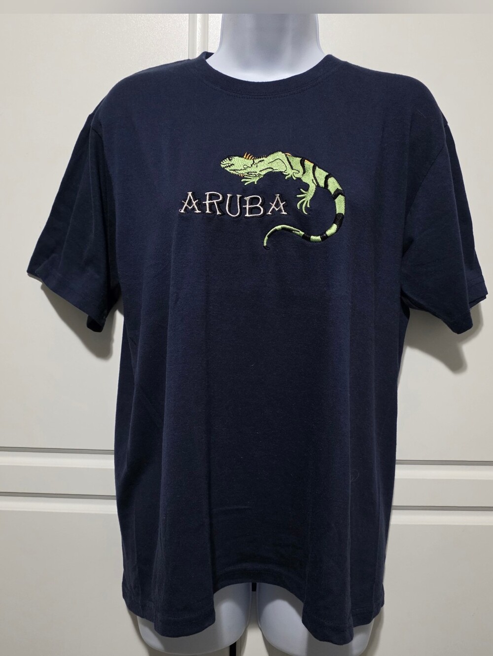 Womens Mens Navy Blue Aruba Iguana Embroidered Shortsleeve Crewneck T-Shirt